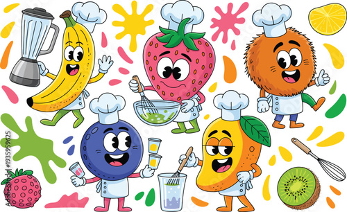 Playful collection of cartoon fruits and ingredients making smoothies and juices, featuring characters like banana, mango, coconut, strawberry, and blueberry.