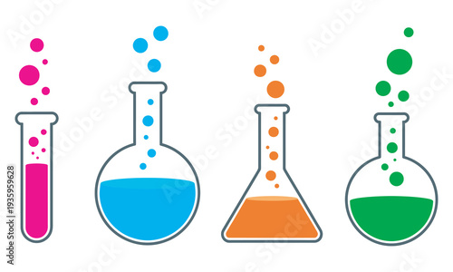 Laboratory equipment with colorful chemical solutions, bubbling flasks, science experiment, chemistry glassware, lab tools, vector illustration