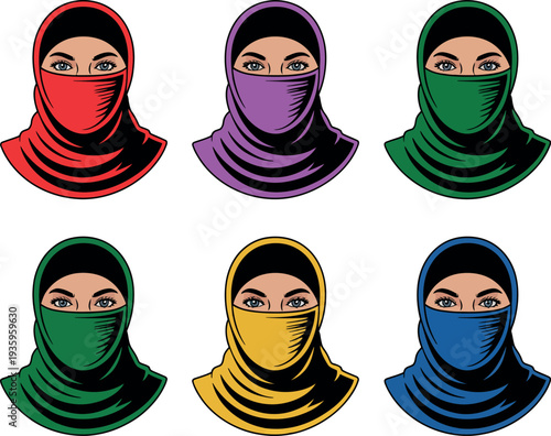 A vibrant illustration of six women wearing colorful hijabs and niqabs on a white background