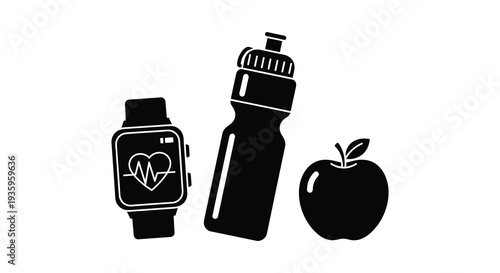A minimalist depiction of a smartwatch water bottle and apple representing a healthy lifestyle silhouette high quality professional detailed modern elegant