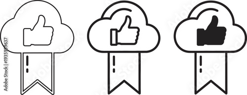Three cloud icons with thumbs up and ribbons