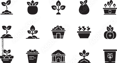 Plant and growth pot icons representing organic development, gardening, and sustainable agriculture.