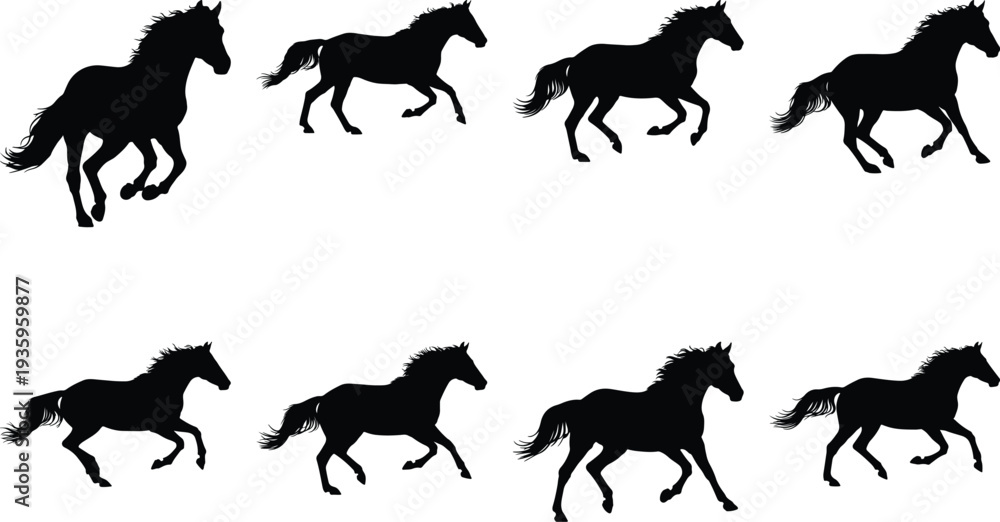 Fototapeta premium High-contrast black horse silhouettes showcasing a full range of running actions, symbolizing freedom, speed, and the majestic presence of these animals in a versatile vector format.