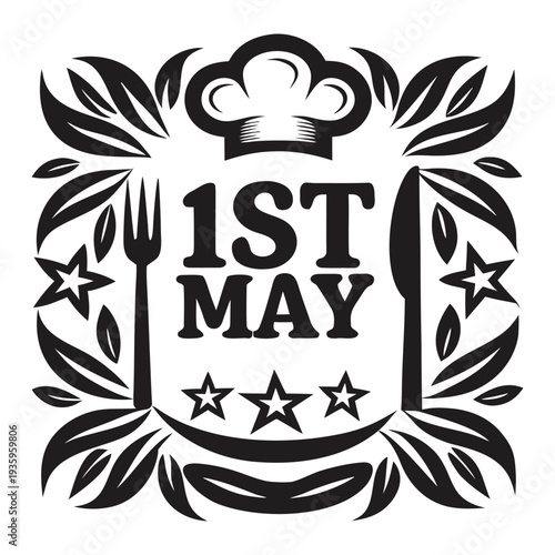 May day t-shirt Black and white 1st May celebration with chef hat fork and stars on leafy decorative border