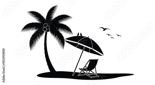 A tranquil beach scene featuring a palm tree beach umbrella and birds all rendered as a striking silhouette high quality professional