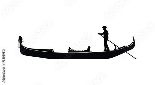 A striking black silhouette depicts a gondolier and his boat on calm waters showcasing venetian tradition silhouette high quality professional detailed