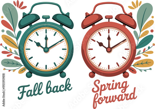 Daylight Saving Time concept. Set of alarm clocks, text fall back, spring forward.