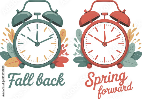 Daylight Saving Time concept. Set of alarm clocks, text fall back, spring forward. Landscapes collection, the clocks turning to summer.