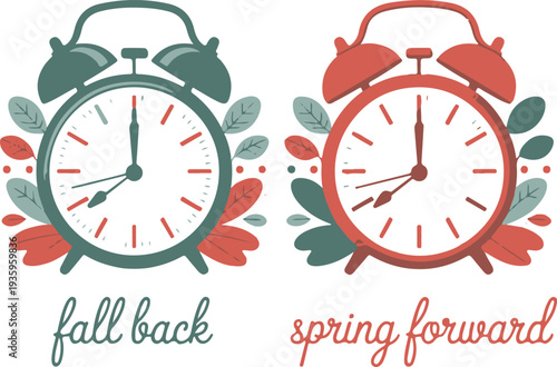 Seasonal time change concept with alarm clocks representing spring forward with tulips and fall back with autumn leaves for daylight saving.