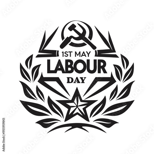 May day t-shirt Black and white 1st May Labour Day emblem with hammer sickle star and laurel wreath