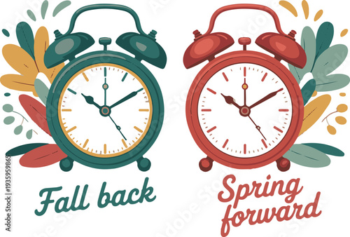 Spring forward daylight saving time concept with colorful flowers and clock.