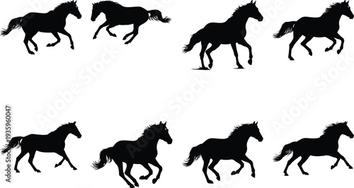 Dynamic black silhouettes of powerful horses in various running and trotting gaits, depicting movement and strength, isolated on white, ideal for equestrian themes.