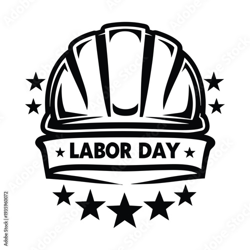 May day t-shirt Black and white Labor Day emblem with hard hat and stars
