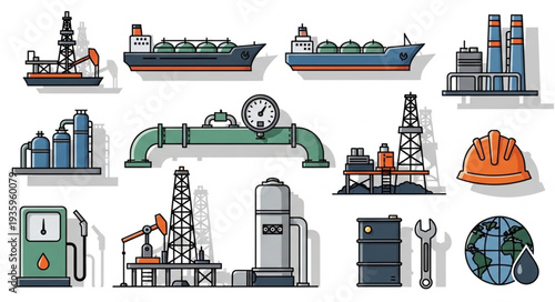 Oil and Gas Industry Equipment and Transportation Icons Set.