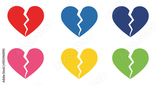 A colorful arrangement of broken hearts in varying hues represents loss sadness and emotional distress silhouette high quality professional detailed modern