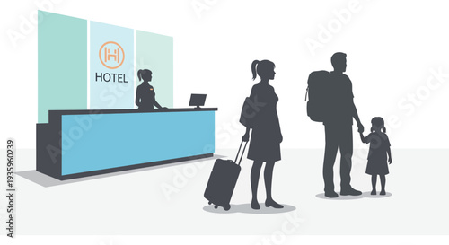 A family arrives at a hotel reception desk checking in with staff presented as a striking silhouette high quality professional detailed