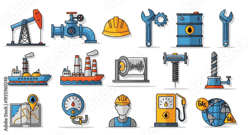Industrial oil and gas industry equipment and tools icons.