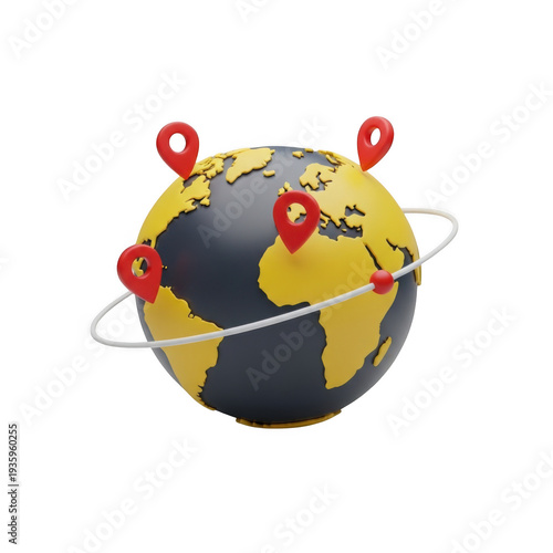 A globe with several red location markers