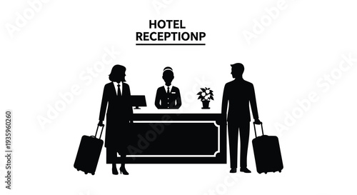 A hotel reception scene depicts staff and guests in a dark minimalist style silhouette high quality professional detailed modern elegant stylish