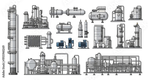 Industrial factory equipment and machinery collection illustration.