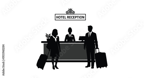 A stark depiction of a hotel reception desk with staff and guests in black silhouette high quality professional detailed modern elegant