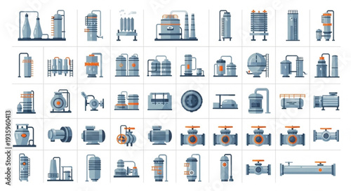 Industrial equipment and machinery collection illustration.