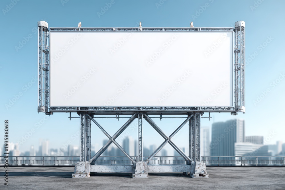 Obraz premium Blank outdoor banner mounted on a metal truss framework in daylight