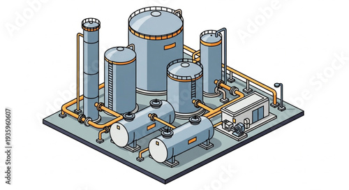 Industrial chemical processing plant with storage tanks and pipelines.