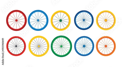 A colorful arrangement of bicycle wheels displayed in two rows showcasing vibrant hues and simple forms silhouette high quality professional detailed