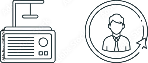 Line drawings of a hand sanitizer dispenser a person's profile and an automated teller machine