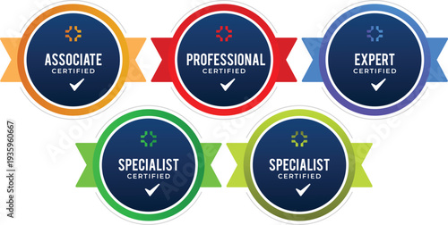 Vector Set of Certified Badges and Ribbon Emblems. Associate, Professional, Expert, Specialist Certification