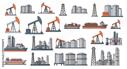 Oil industry equipment and facilities collection vector illustration.