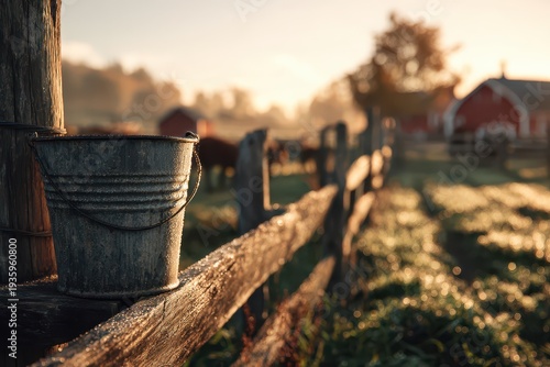 Golden hour at a quiet farm: dew on grass, fence, and a simple bucket in the foreground