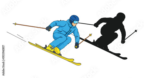 A vibrant skier in action is juxtaposed with a dark contrasting silhouette highlighting winter sports dynamism high quality professional detailed modern