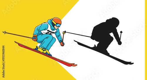 A skier in motion contrasted with a stark black silhouette highlighting the dynamic energy of winter sports high quality professional detailed
