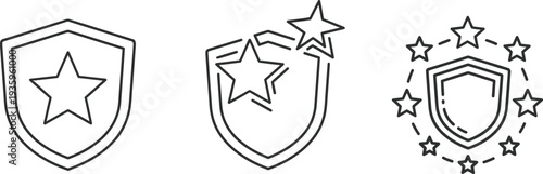 Shield icons with star ratings and awards in a line art style for ratings and achievements