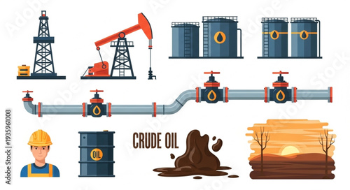 Oil Industry Equipment and Crude Oil Illustration.