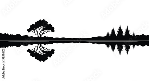 A minimalist landscape depicts trees and a reflective water surface creating a striking black and white silhouette high quality professional detailed