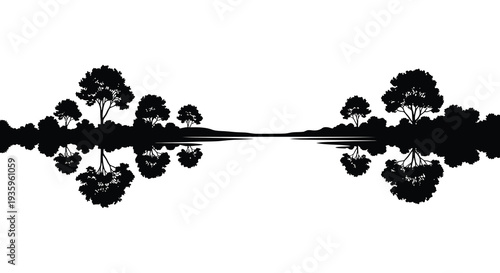 A tranquil landscape features mirrored trees and a flat horizon creating a striking visual impact a captivating silhouette high quality