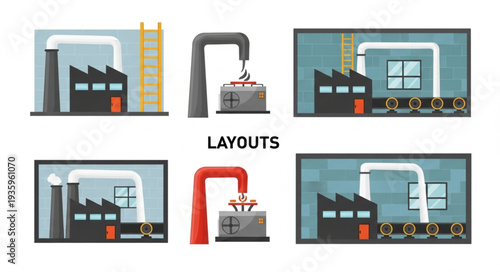 Industrial factory building with smokestacks and pipes.