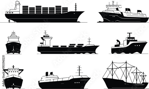 Port operations and shipping logistics icons