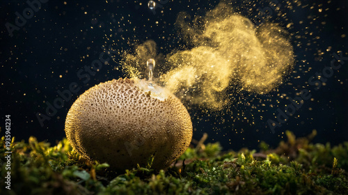 Exploding spore puffball releasing golden spores in green moss  