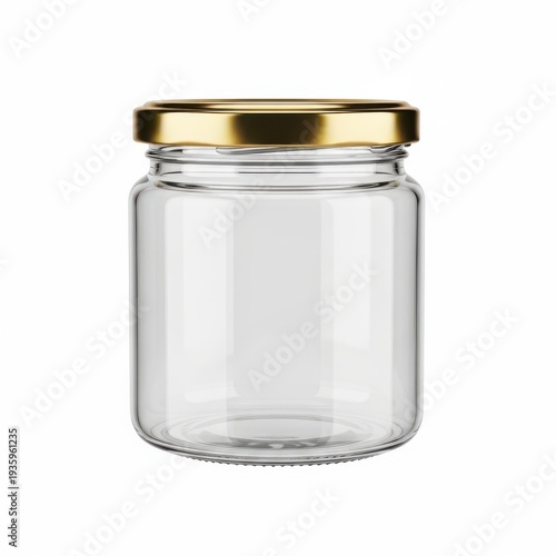 A small empty glass jar with a gold lid on a white background