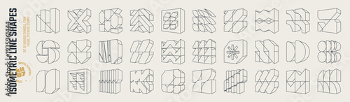 Isometric line brutal 3D shapes, Brutalism volumetric carcass various form, trendy cyber design symbols in futuristic aesthetics, vector set 7, Postmodern abstract geometric graphic frame elements, 