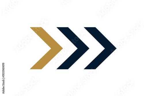 A striking icon featuring three sharp right-pointing arrows, one gold and two dark blue, indicating continuous progression.