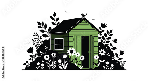 A charming green garden shed is framed by flourishing foliage and delicate flowers presented as a silhouette high quality professional detailed