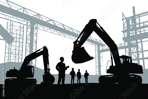 Excavators and crew at construction site
