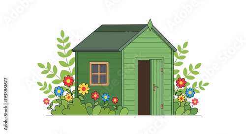 A charming green garden shed surrounded by vibrant flowers and lush foliage presented as a flat silhouette high quality professional detailed