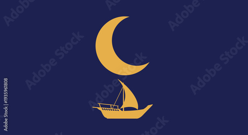 Golden crescent moon above sailboat silhouette on dark blue background