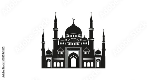 Silhouette of a Grand Mosque with Minarets and Dome